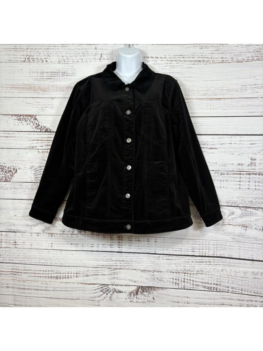 Denim & Co Black Velour Button Front Long Sleeve Jacket